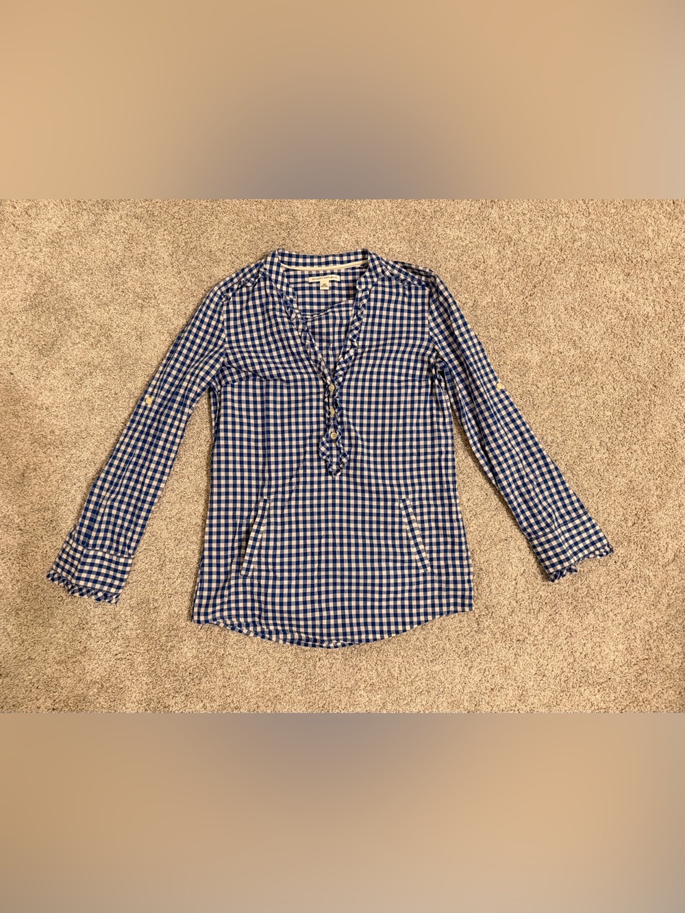 Banana Republic Blue Gingham Ruffle-Trim Tunic Top